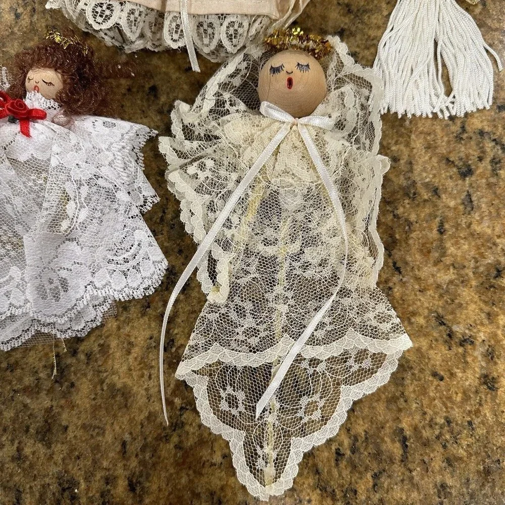 Vintage Angel‎ Christmas Ornaments Lace Crochet Wooden Gold Set Of 4